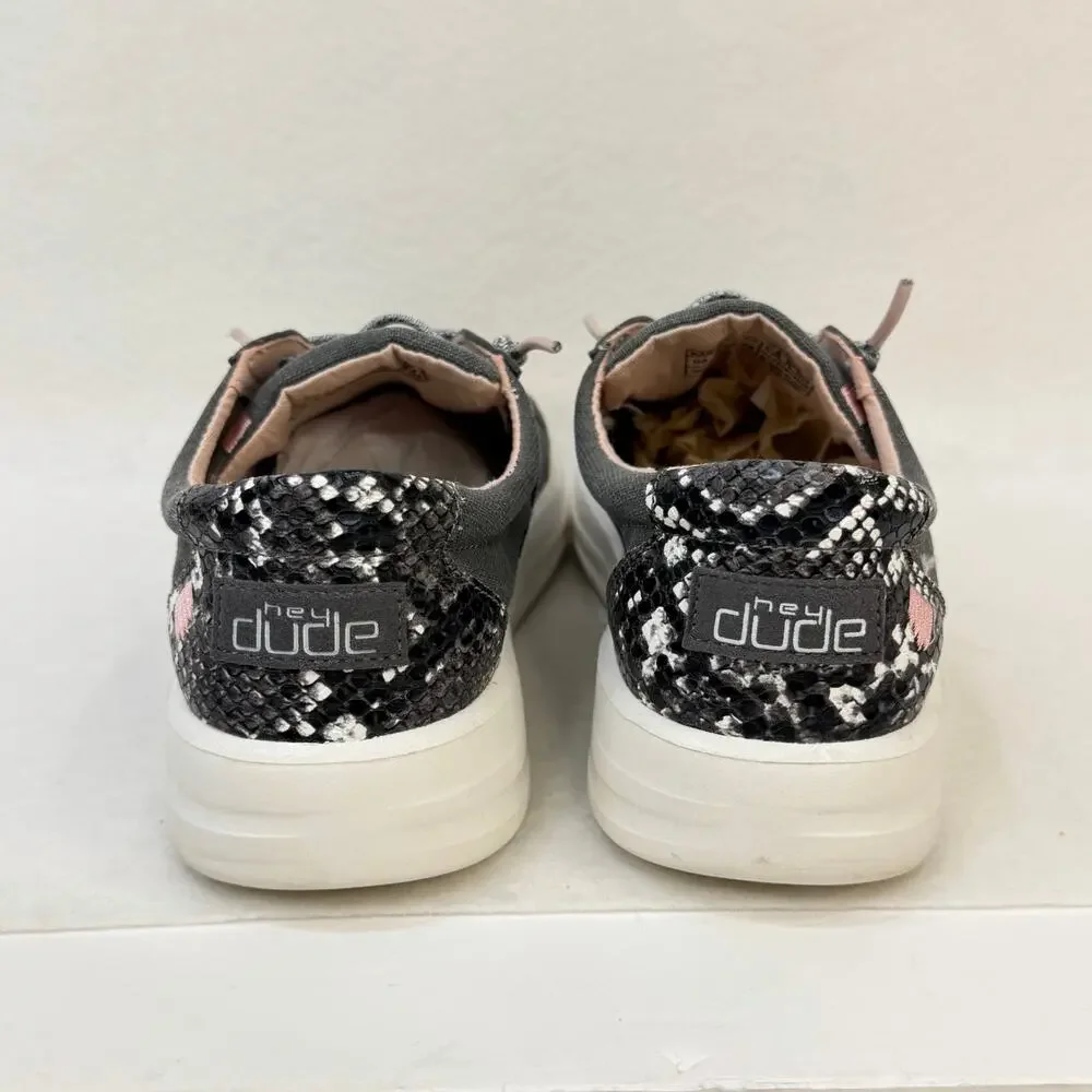 HeyDude Womens Karina Slip On Casual Canvas Sneakers Gray Black Snake Size 9